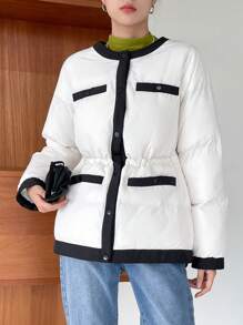 DAZY Contrast Trim Drop Shoulder Puffer Thick Pockets Coat Jacket Winter - White - View 9