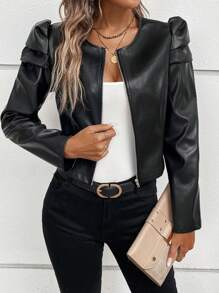 SHEIN Clasi 泡泡袖開門襟亮面夾克 - 黑色 - 查看 6