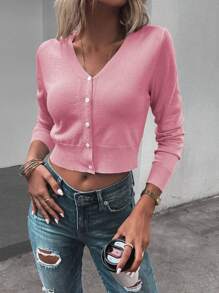 SHEIN LUNE Solid Button Front Crop Cardigan - Pink - View 5