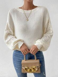 SHEIN LUNE Chất rắn Thả vai Dệt kim chấm bi Áo len - trắng - Xem 1