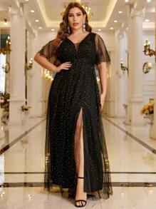 SHEIN Belle Plus Flounce Sleeve Split Thigh Mesh Dress - Black - View 1