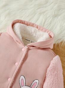 SHEIN Baby Girl Rabbit Print Contrast Fuzzy Sleeve Hooded Jacket - Pink - View 4