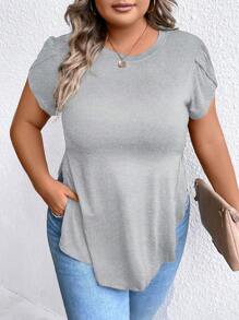 Calvaya Hơn Tay áo cánh hoa Curved Hem Áo thun - Màu Xám nhạt - Xem 4