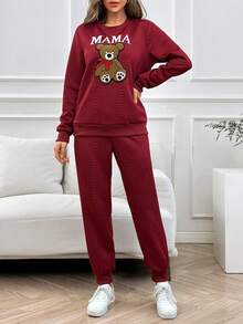 Bear And Letter Graphic Sweatshirt & Sweatpants - Burgundy - View 4