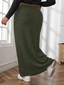 Flirla Plus Solid Ribbed Knit Maxi Skirt - Army Green - View 2
