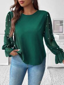 Celure Plus Pearls Beaded Flare Sleeve Blouse - Dark Green - View 1