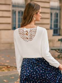 SHEIN Frenchy Ren tương phản Nơ phía sau Áo len - trắng - Xem 3