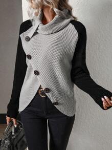 EMERY ROSE Farbblockpullover mit asymmetrischem Saum und Knopfverschluss, Langarmoberteil