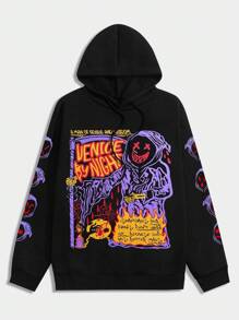 ROMWE MEN Street Life 男士口號和卡通圖形束口帽衫 - 黑色 - 查看 1