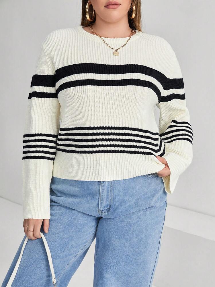Plus Striped Pattern Drop Shoulder Sweater
