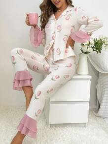 CottageSlumber CottageSlumber Floral Print Flounce Sleeve PJ Set / Pajama Set Holiday Season