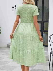 Spring Summer Women's Round Neck Floral Print Boho Long Beach Holiday Dress - Mint Green - View 2