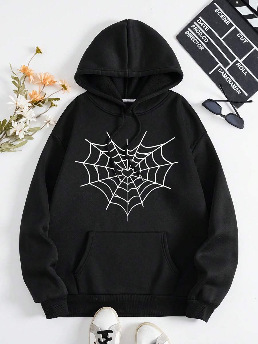 SHEIN EZwear 蜘蛛網印花袋鼠口袋抽繩保暖連帽衫 - 黑色 - 查看 1