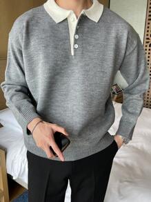 DAZY Men Contrast Polo Neck Drop Shoulder Sweater,Fall Clothes - Grey - View 1