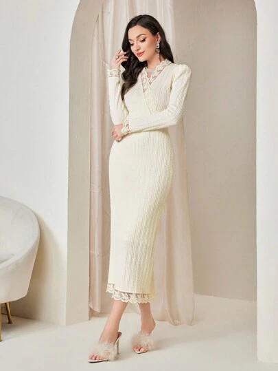 Modelyn Solid Lace Trim Belted Bodycon Dress Without Belt Long Evening Dresses