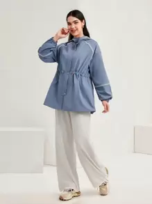 Mulvari Contrast Piping Drawstring Waist Zip Up Coat - Blue - View 1