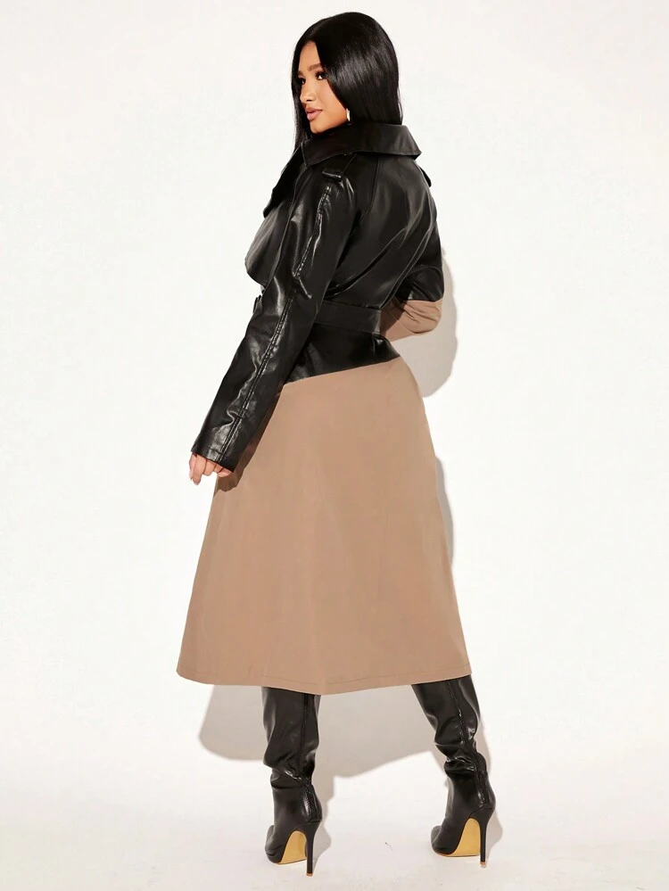 Two Tone Double Breasted Belted Trench Coat In Fall/Winter