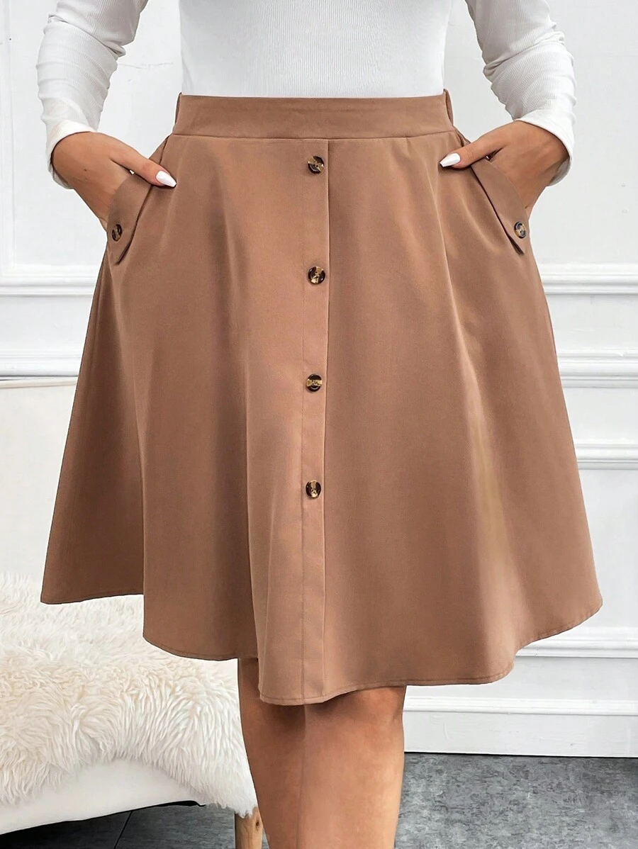 SHEIN Clasi Plus Button Front Flare Skirt - Khaki - View 1