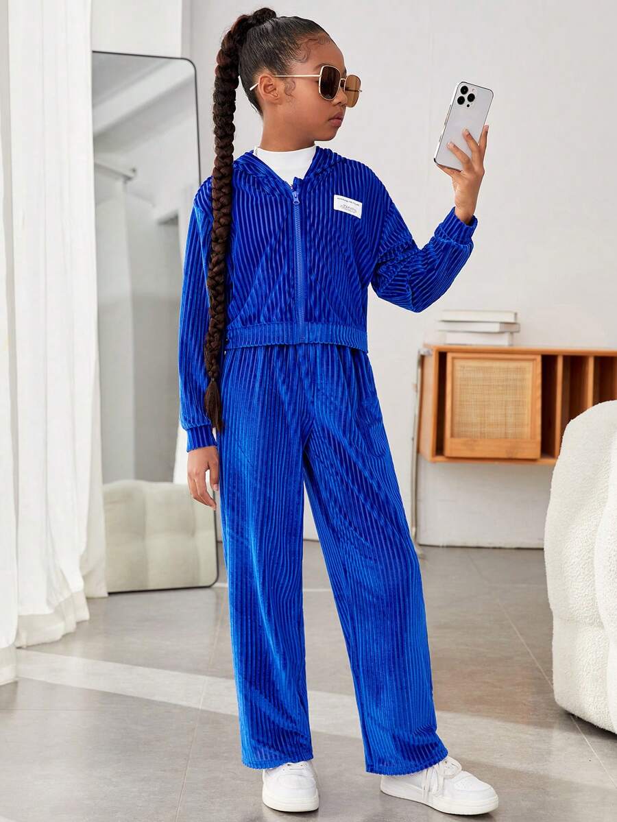 SHEIN 女大童字母貼布落肩袖絲絨夾克和褲子 - 藍色 - 查看 1