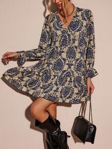 SHEIN LUNE Allover Print V Neck Smock Dress - Navy Blue - View 6