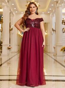 SHEIN Belle Vestido formal de color rojo burdeos con hombros descubiertos, inserto de lentejuelas y contraste de malla - Burdeos - Ver 2