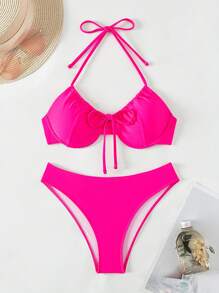 Tie Front Underwire Bikini Set - Hot Pink - View 1