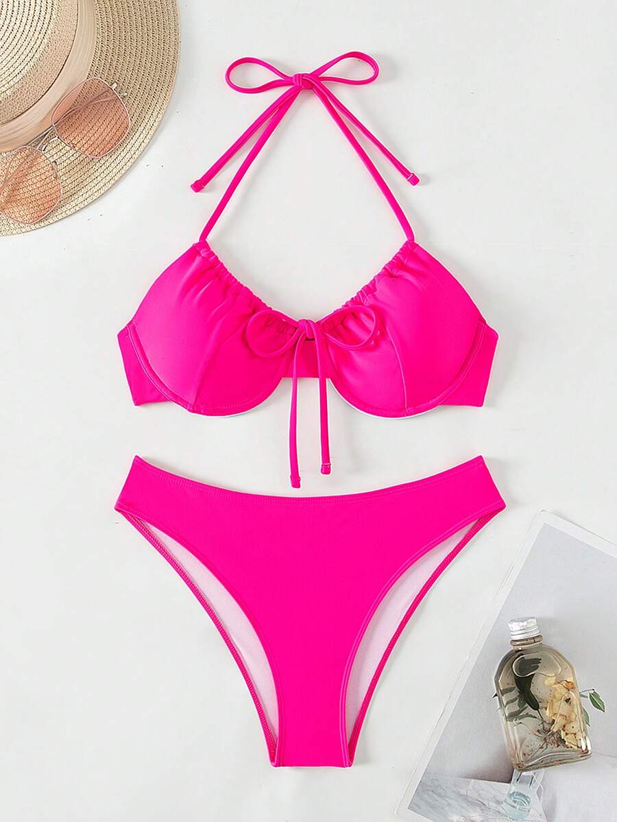 Tie Front Underwire Bikini Set - Hot Pink - View 1