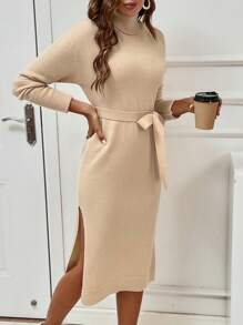 Chiquease Turtleneck Cut Out Drop Shoulder Belted Sweater Dress - Apricot - View 1