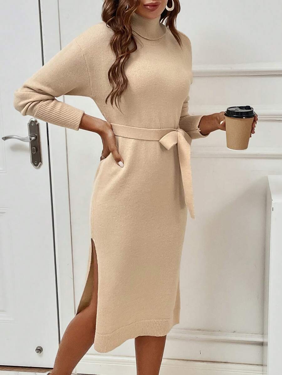 Chiquease Turtleneck Cut Out Drop Shoulder Belted Sweater Dress - Apricot - View 1