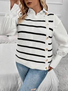 SHEIN LUNE Plus Striped Pattern Button Detail Knit Top Without Shirt - Black and White - View 5