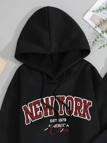 SHEIN EZwear Letter Graphic Drawstring Thermal Lined Hoodie & Sweatpants - Black - View 8