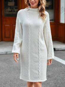 EMERY ROSE 小高領落肩袖麻花編織毛衣洋裝 - 白色 - 查看 6