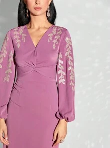 Modelyn فستان ترتر طباعة ورقة مطوي امامي أكمام فانوس - وردي - مشاهدة 3