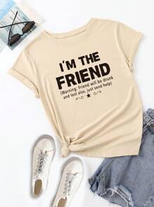 SHEIN EZwear 標語圖案T恤 - 卡其色 - 查看 1