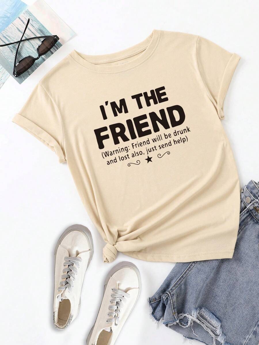 SHEIN EZwear 標語圖案T恤 - 卡其色 - 查看 1