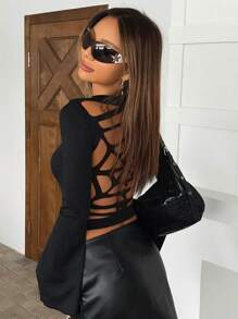 SHEIN ICON Halloween Cut Out Back Trumpet Sleeve Crop Tee - Black - View 6