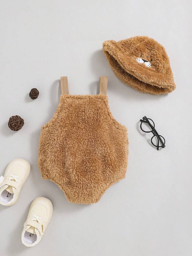 Baby Boy Cartoon Embroidery Teddy Bodysuit & Hat
