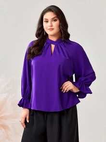 Modelyn Plus Keyhole Neckline Flare Sleeve Blouse - Purple - View 4