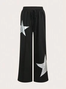 SHEIN ICON Star Print Drawstring Waist Sweatpants - Black - View 2