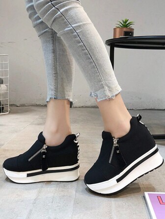 Women's Platform Wedge Sneakers With Zipper, Black Casual Sports Shoes, Runs Small, Recommend Ordering One Size Up For High Instep