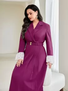 Modelyn 大碼西裝領蕾絲拼接荷葉袖繫腰帶洋裝 - 乾枯玫瑰色 - 查看 3