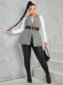 SHEIN Unity معطف صديري طباعة مربع النقش بدون حزام مقاس كبير - أبيض وأسود - مشاهدة 3