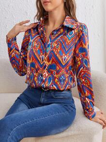 SHEIN Frenchy In Địa lý Nút phía trước Áo sơ mi - Màu xanh lam - Xem 6