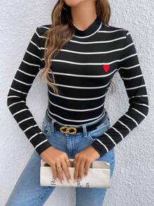 SHEIN Frenchy In sọc Tu bổ trái tim Cổ giả Áo thun - Đen và trắng - Xem 1