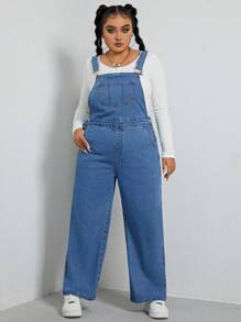 SHEIN EZwear 大碼斜袋牛仔背帶褲（無T恤） - 中等水洗藍 - 查看 4