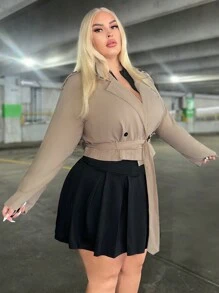 SHEIN SXY 大碼雙排釦腰帶風衣外套 - 杏色 - 查看 4