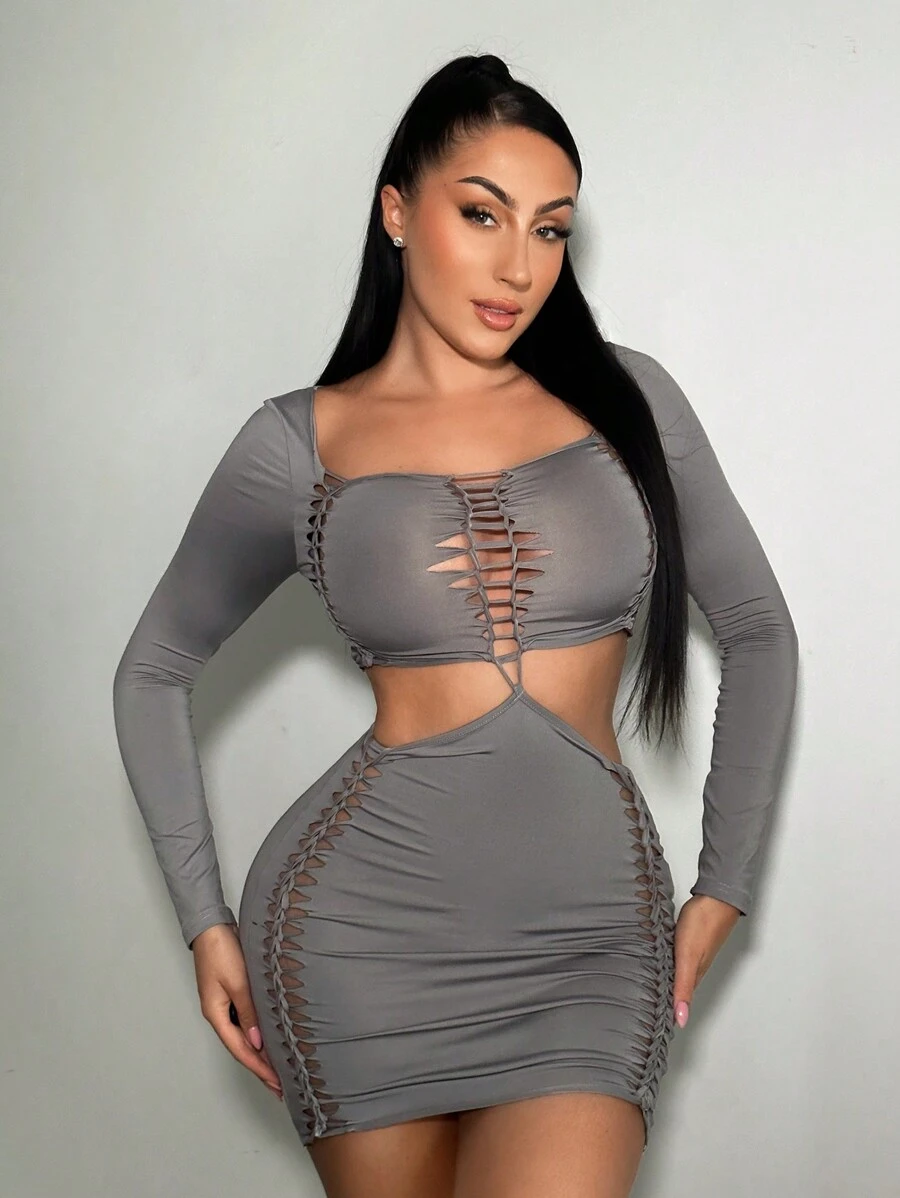 SHEIN SXY Cut Out Bodycon Dress - Light Grey - View 1