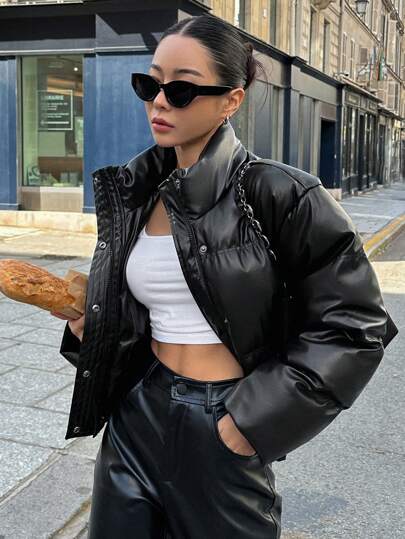 DAZY Women Solid Color Long Sleeve Single-Breasted Stand Collar Casual Winter Jacket