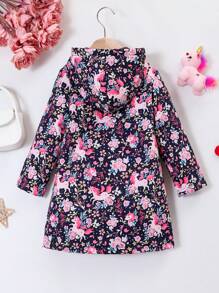 SHEIN Áo khoác có mũ trùm đầu có in hình kỳ lân cho bé gái - Màu xanh hải quân - Xem 2