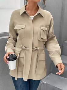 SHEIN Essnce 有蓋口袋落肩抽繩馬甲 - 卡其色 - 查看 1